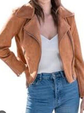 REVEROF Camel Faux Suede Moto Jacket Asymmetric Zip Womens S NWT